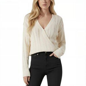 ASTR the Label Wrap Front Pointelle Knit Sweater Cream L NWT